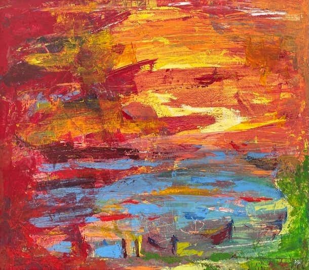60000.0 Angela Wakefield Abstract Blue Orange & Red Lake Sunset Landscape By Contemporary British Artist  2000 photo