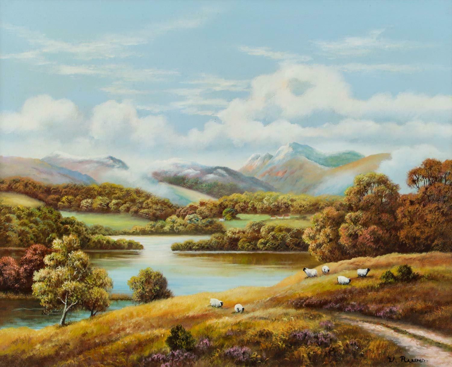 Wendy Reeves Sheep Beside A Loch In The Scottish Highlands By 20th Century British Artist  1985 Circa photo furniture