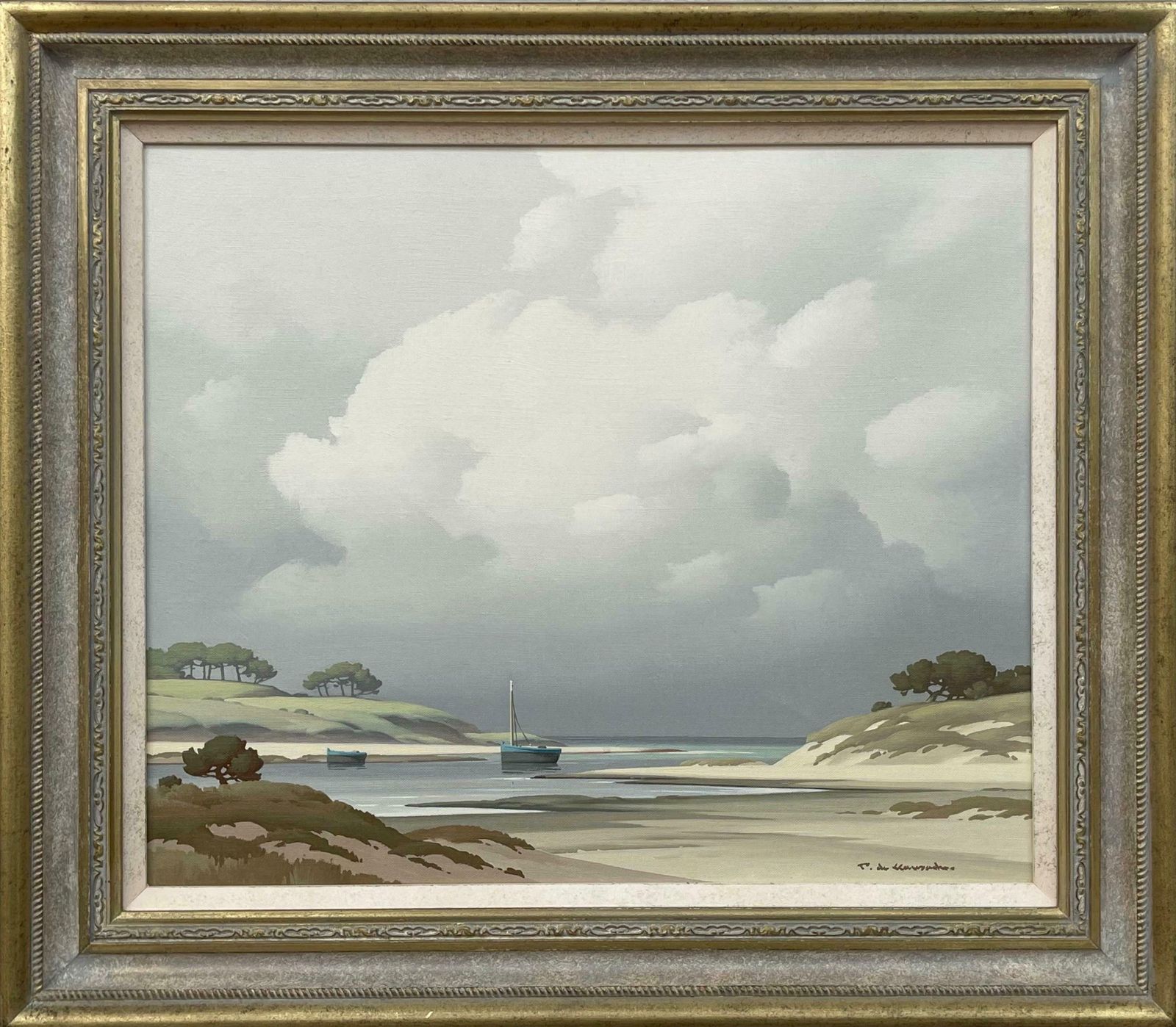 Pierre De Clausade Coastal Seascape Landscape Painting With Boats By 20th Century French Artist  1972