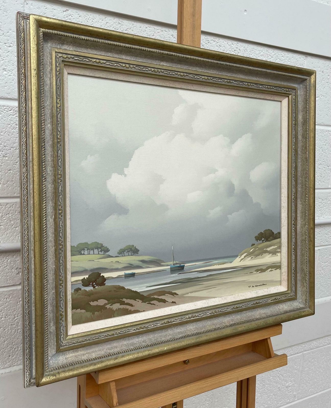 Pierre De Clausade Coastal Seascape Landscape Painting With Boats By 20th Century French Artist  1972 photo furniture