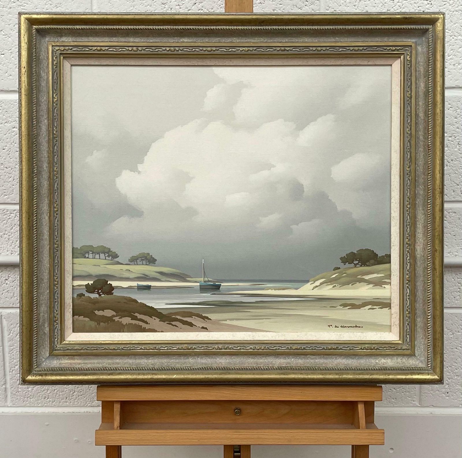 Pierre De Clausade Coastal Seascape Landscape Painting With Boats By 20th Century French Artist  1972 photo for sale