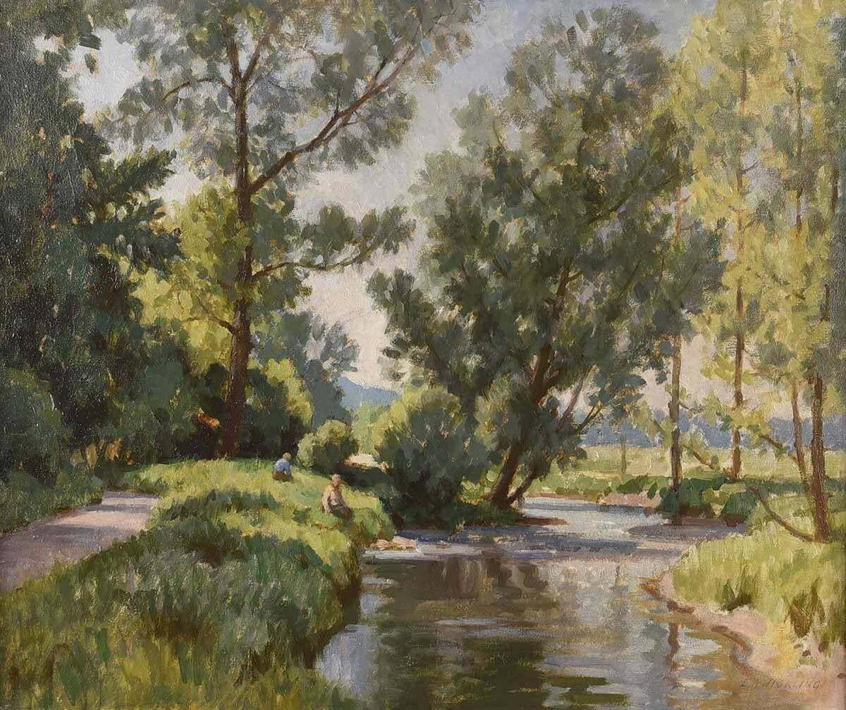 Edward Albert Hickling Oil Painting Of Figures By A Tree Lined River In Irish Summer By British Artist  1980 Circa photo furniture