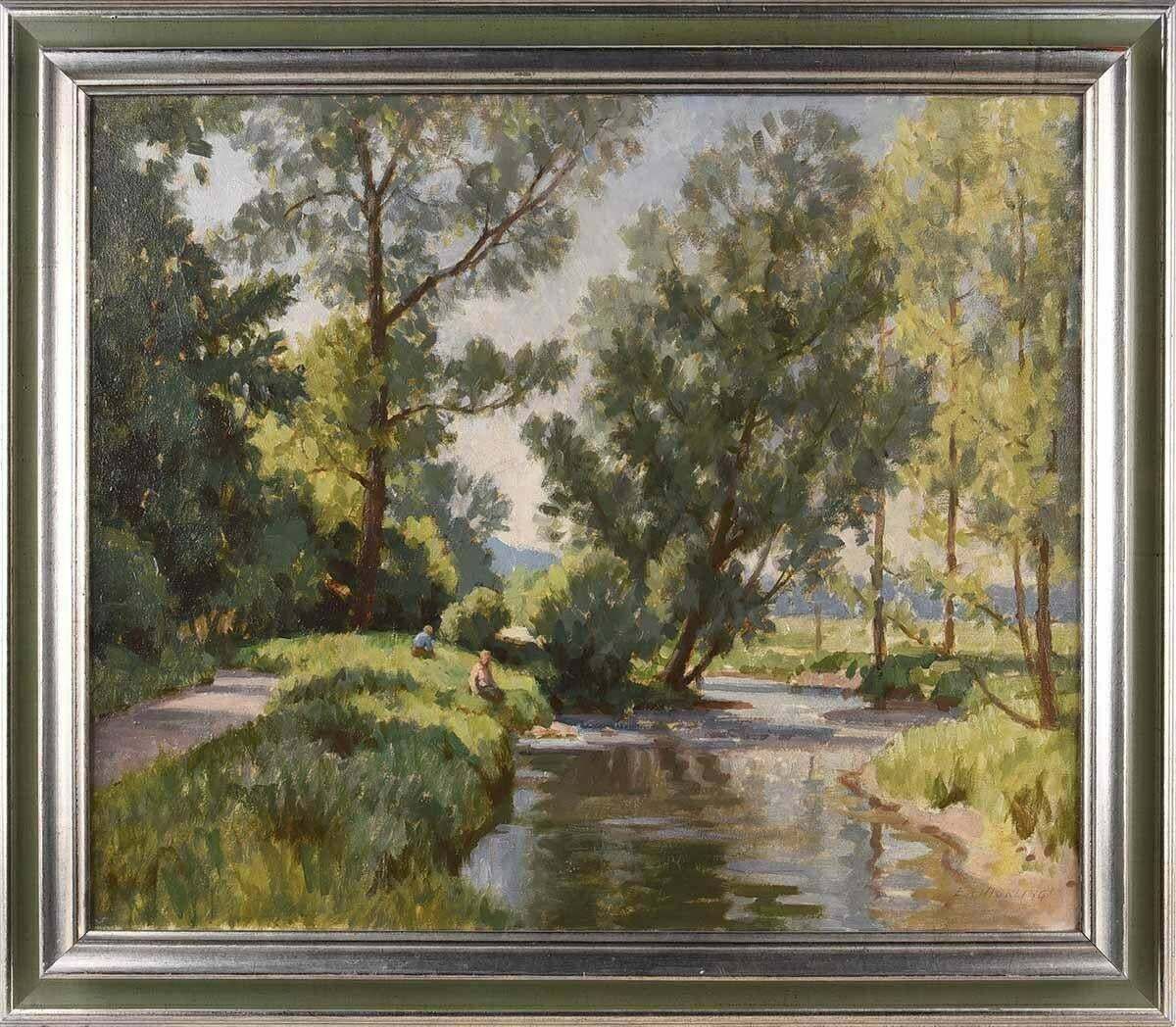 Edward Albert Hickling Oil Painting Of Figures By A Tree Lined River In Irish Summer By British Artist  1980 Circa photo for sale