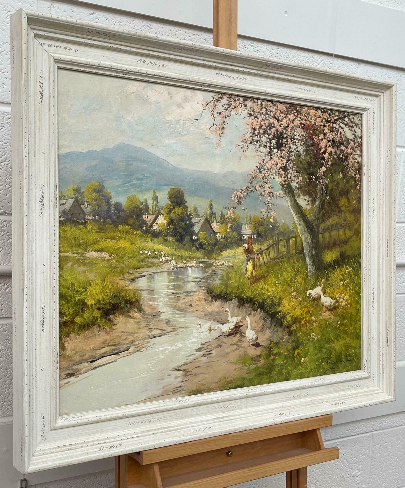 Laszlo Neogrady Countryside Village River Scene With Tree Blossom, Figure And Geese 20th Century  Circa 1925 photo furniture