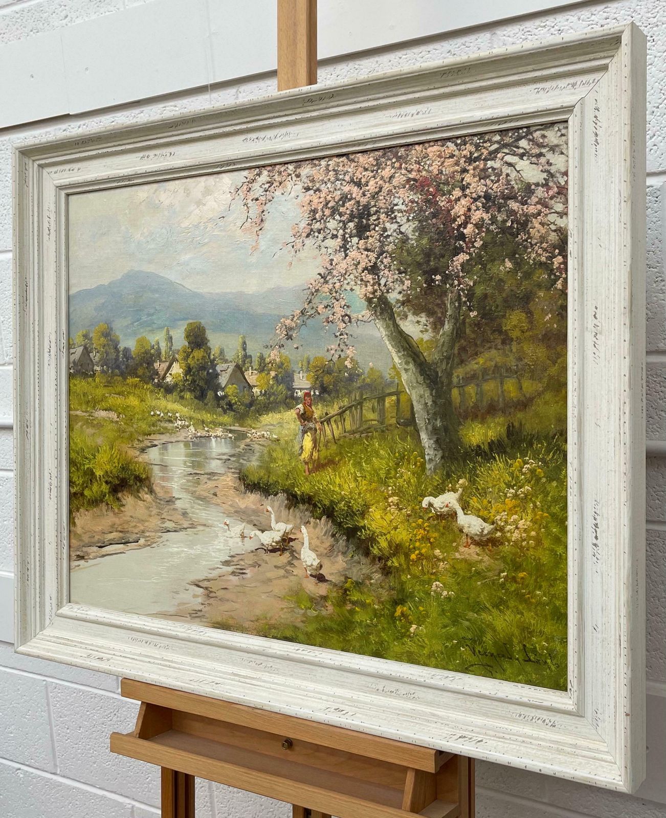 Laszlo Neogrady Countryside Village River Scene With Tree Blossom, Figure And Geese 20th Century  Circa 1925 photo Art