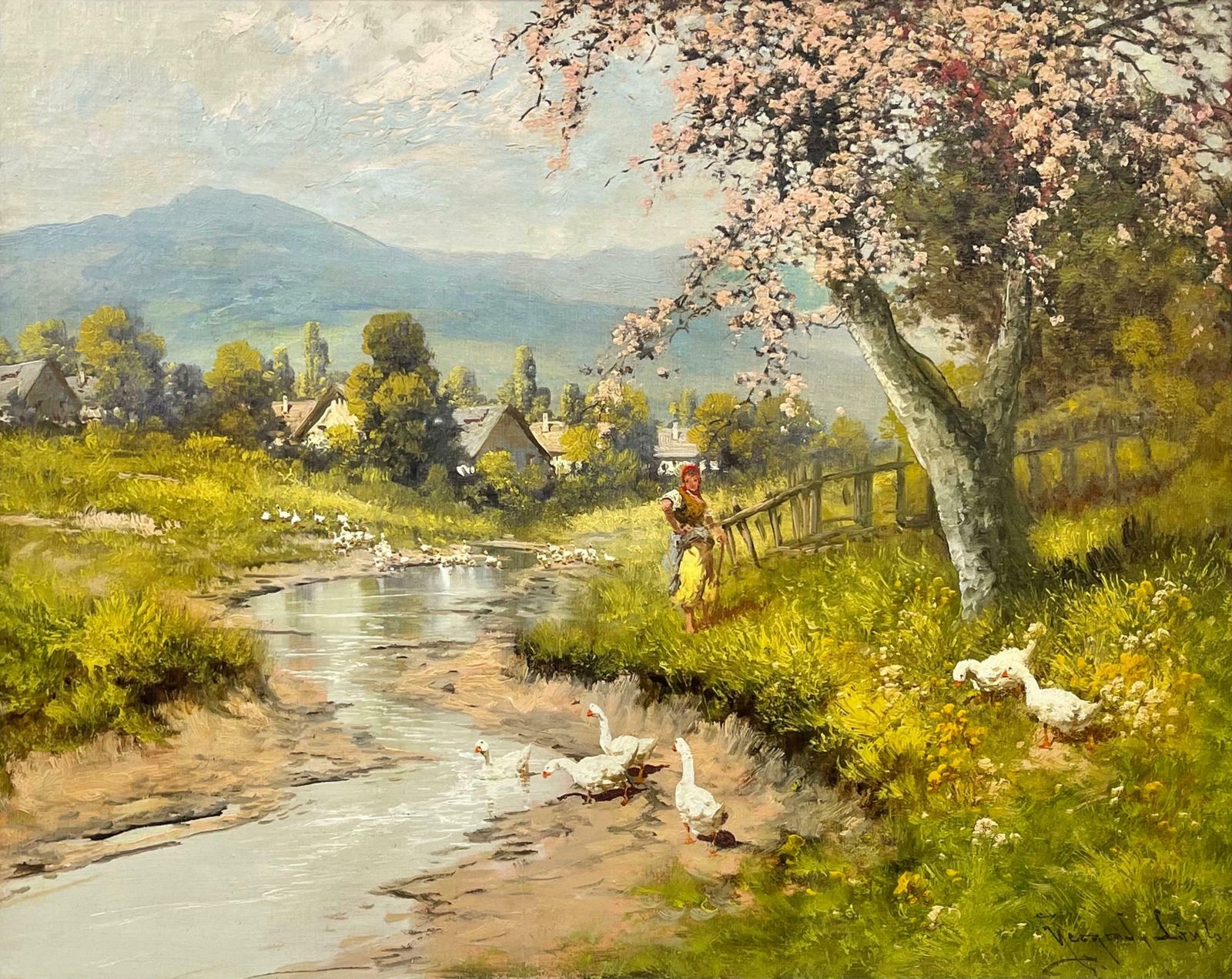 Laszlo Neogrady Countryside Village River Scene With Tree Blossom, Figure And Geese 20th Century  Circa 1925 photo 5950.0