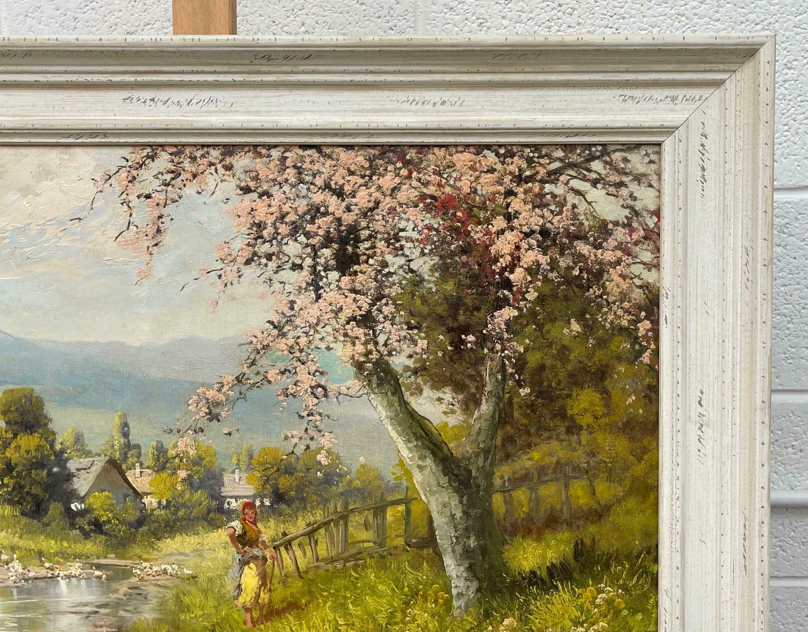 photo furniture Laszlo Neogrady Countryside Village River Scene With Tree Blossom, Figure And Geese 20th Century  Circa 1925
