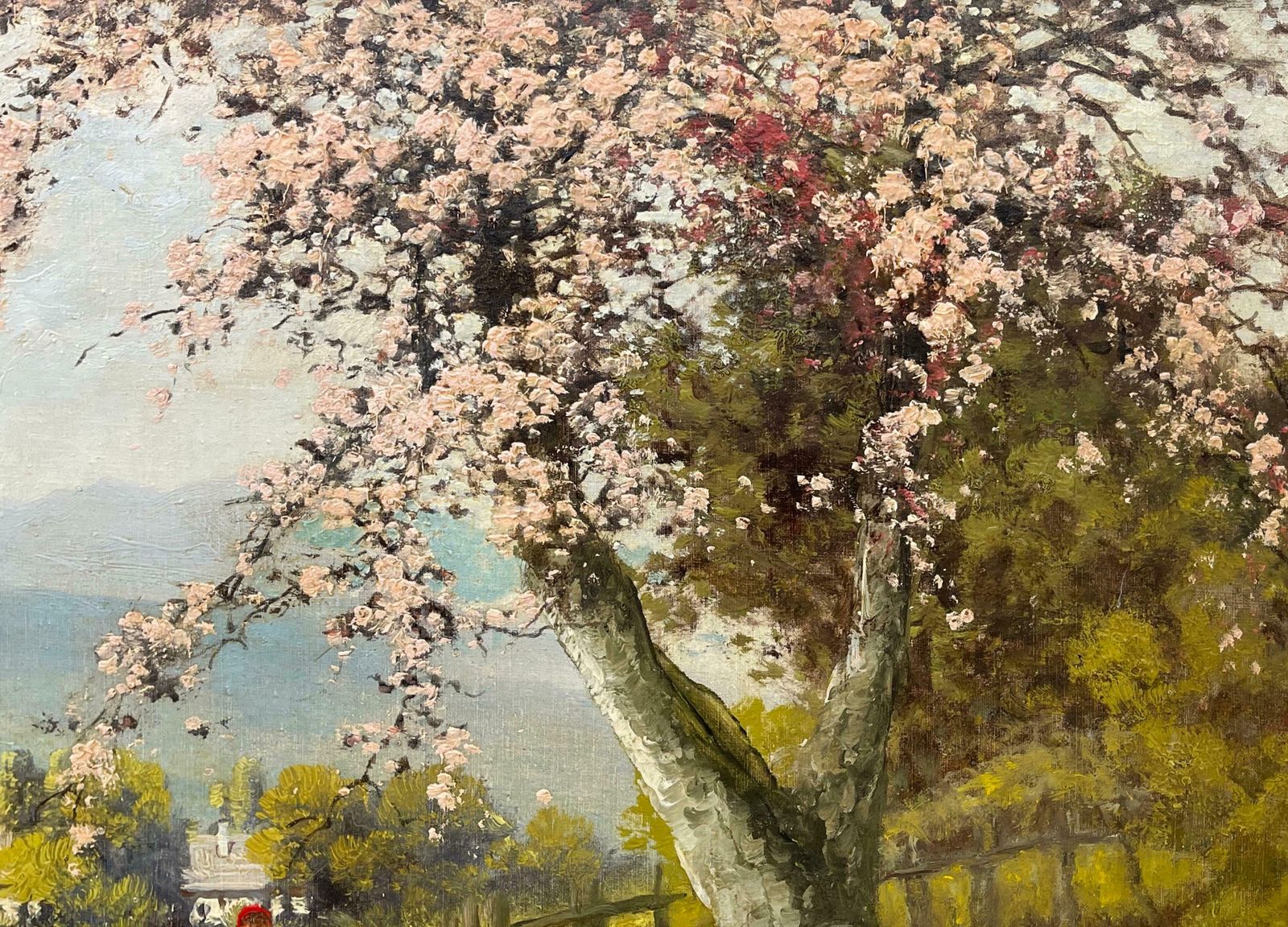 Art Laszlo Neogrady Countryside Village River Scene With Tree Blossom, Figure And Geese 20th Century  Circa 1925 photo