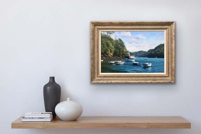 Peter Symonds Oil Painting Of Boats On River Yealm Devon England By British Landscape Artist 2003 photo for sale