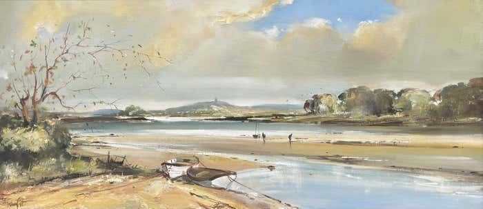 photo for sale Frank Fitzsimons Ireland Seascape Landscape With Boats & Figures By Contemporary Irish Artist 1985 Circa