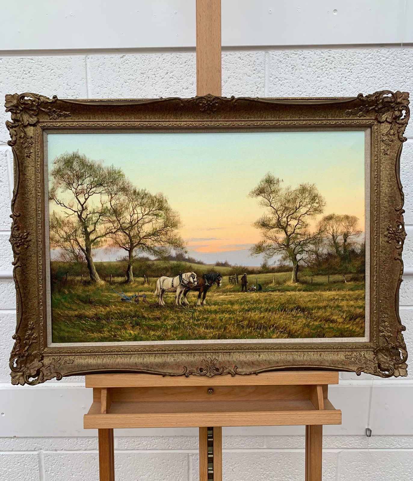 James Wright Horse Drawn Plough With Two Horses Ploughman And Dog By British Landscape Artist  1990 Circa photo for sale