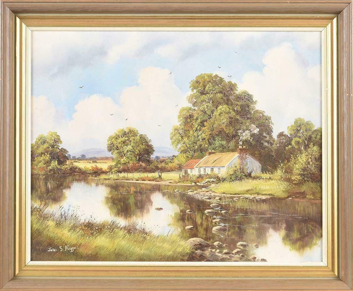 John S Haggan River Landscape With Cottage In Ireland By 20th Century Modern Irish Artist  1985 Circa photo for sale