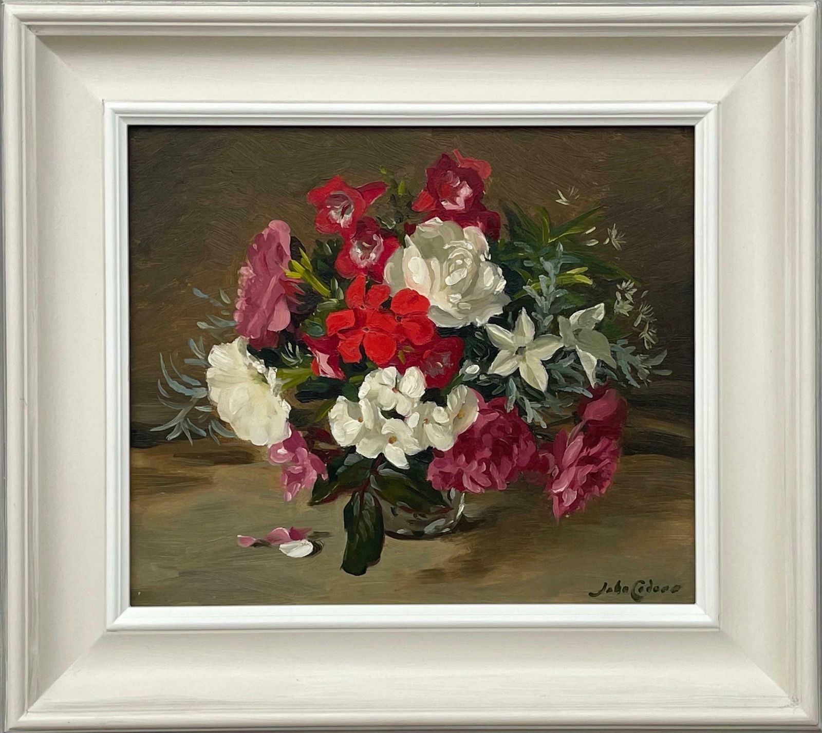 John Whitlock Codner Rwa Still Life Painting Of Red Pink & White Flowers By 20th Century British Artist  1985
