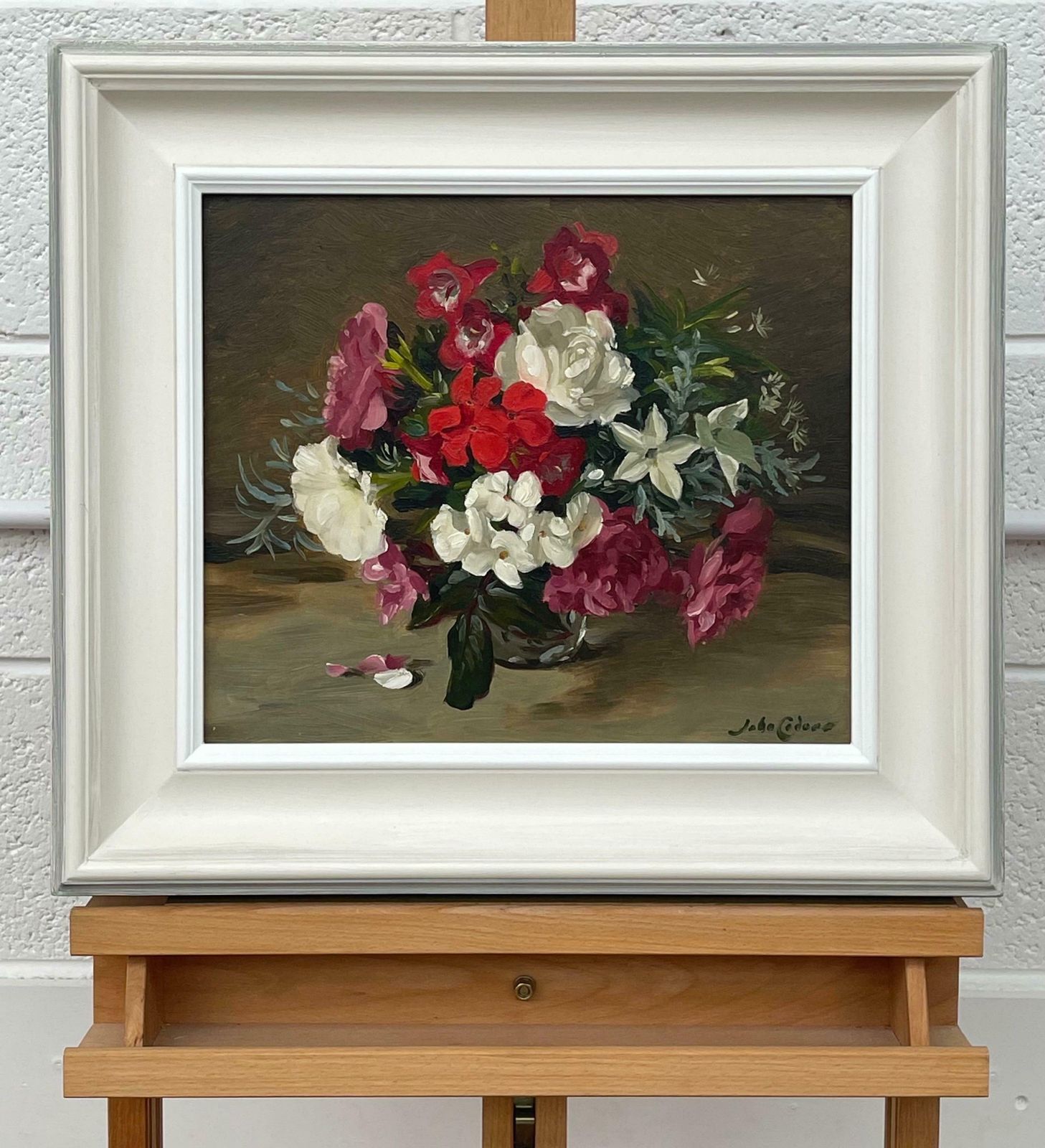 John Whitlock Codner Rwa Still Life Painting Of Red Pink & White Flowers By 20th Century British Artist  1985 photo Art