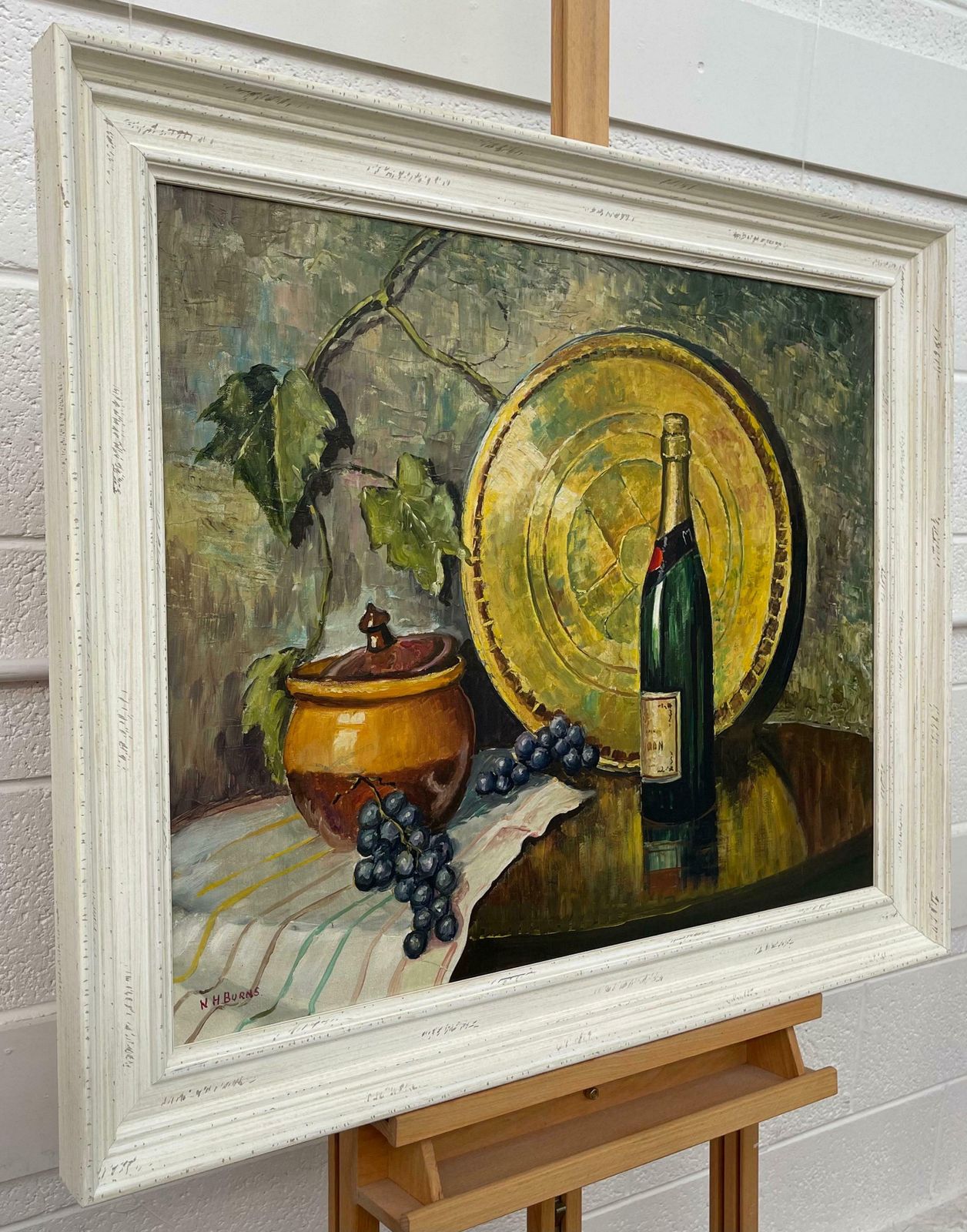 William Henry Burns Champagne Bottle With Grapes Still Life Oil Painting By 20th Century Artist  1985 Circa photo furniture