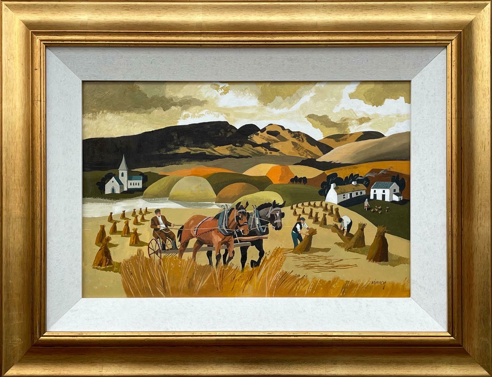 Desmond Kinney Abstract Landscape Of Horses In Cornfield In Warm Colours By Modern Irish Artist  1995 Circa