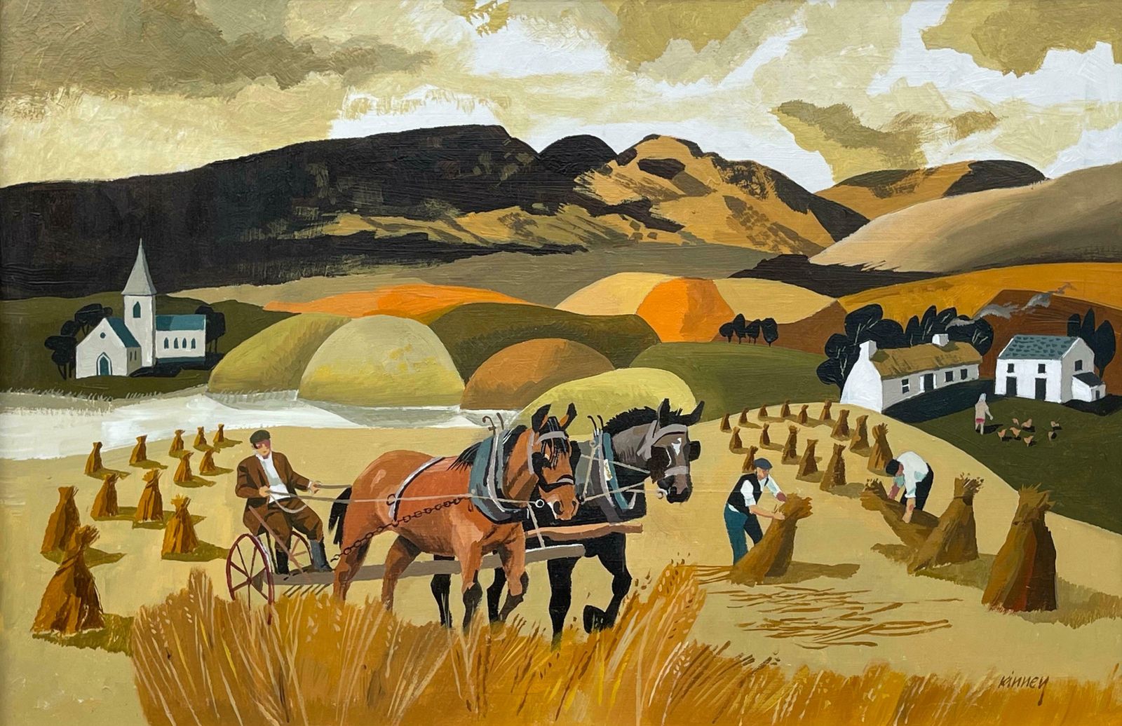 Desmond Kinney Abstract Landscape Of Horses In Cornfield In Warm Colours By Modern Irish Artist  1995 Circa photo 6950.0