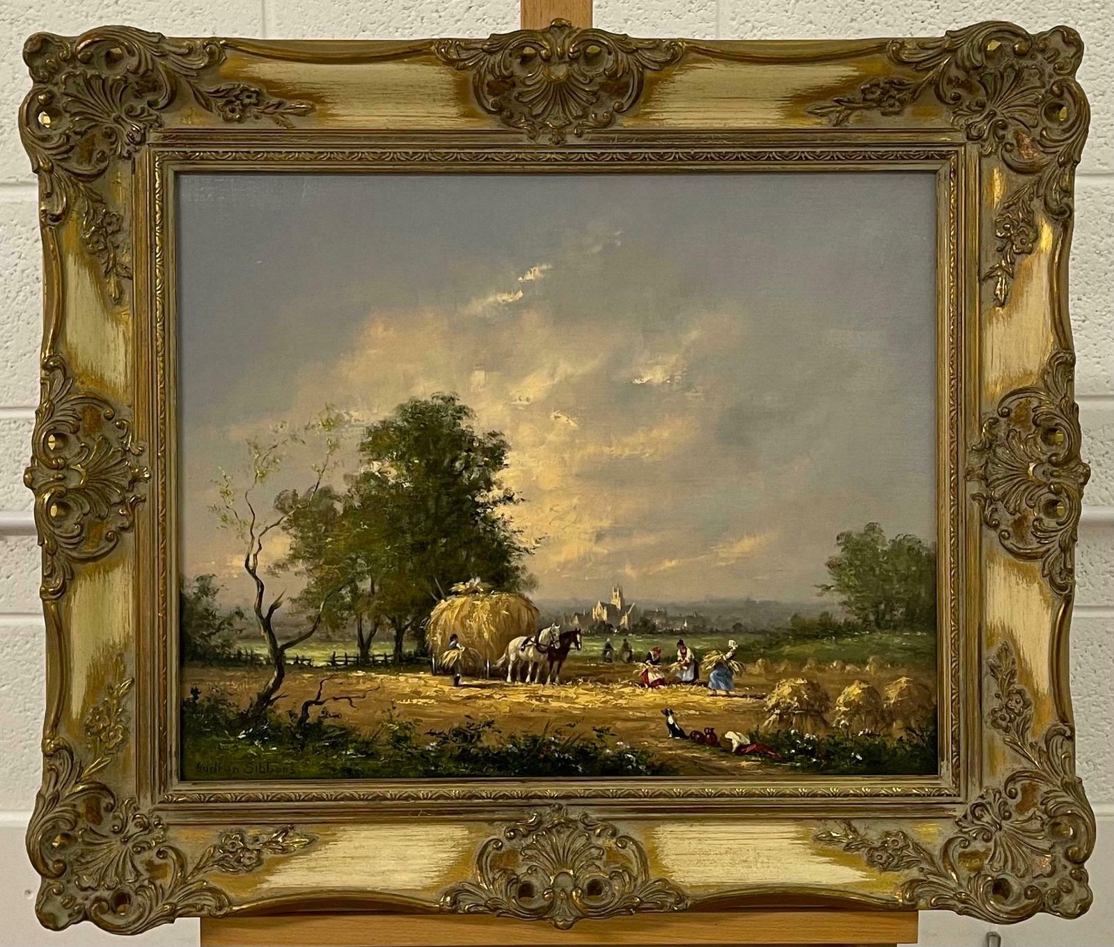 photo furniture Gudrun Sibbons Oil Painting Of Country Harvest Scene With Horses & Figures By British Artist 1960 Circa