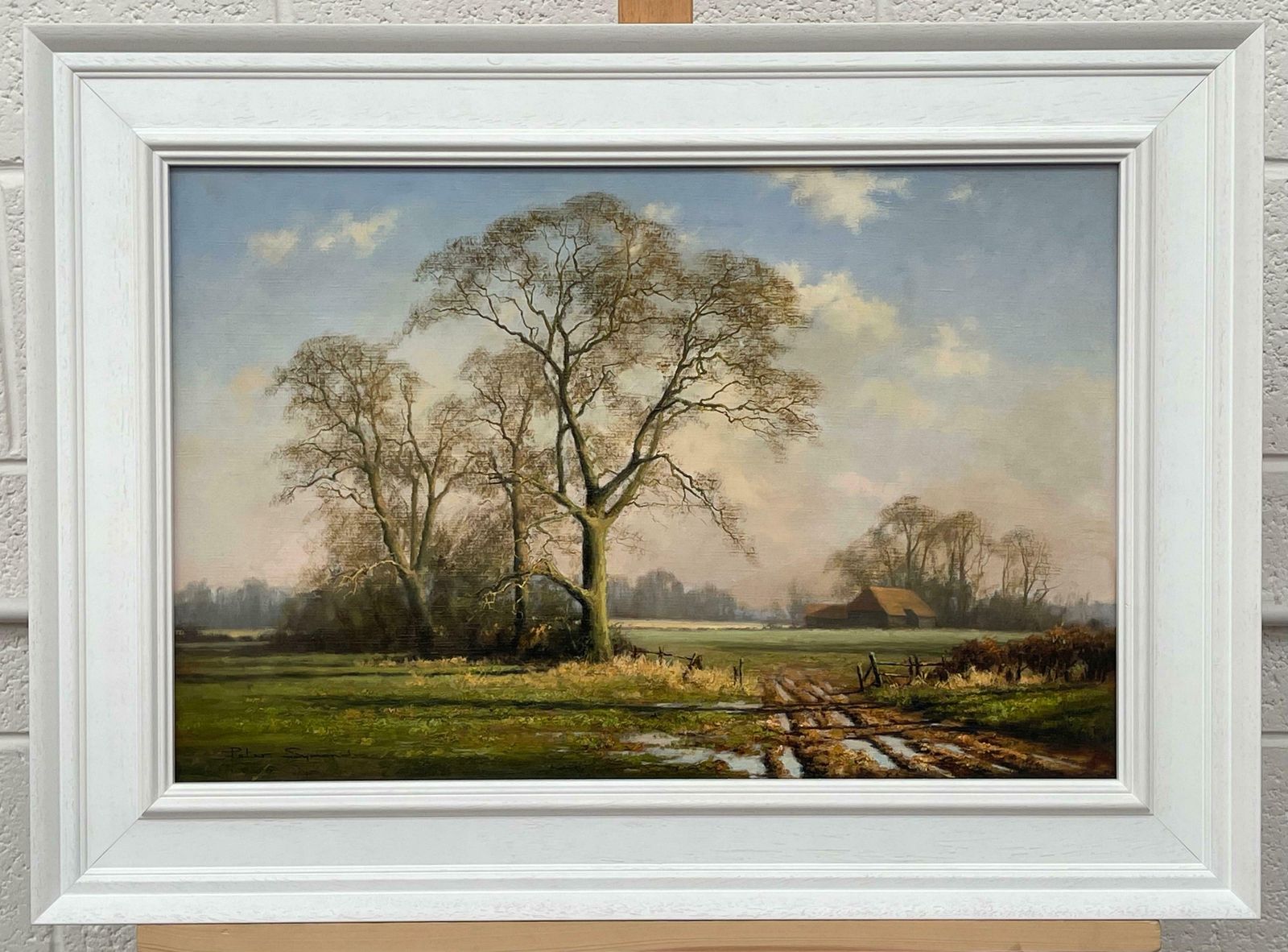 photo vintage Peter Symonds Oil Painting Of Rural Winter Scene With Oak Trees In England By British Artist  1995 Circa
