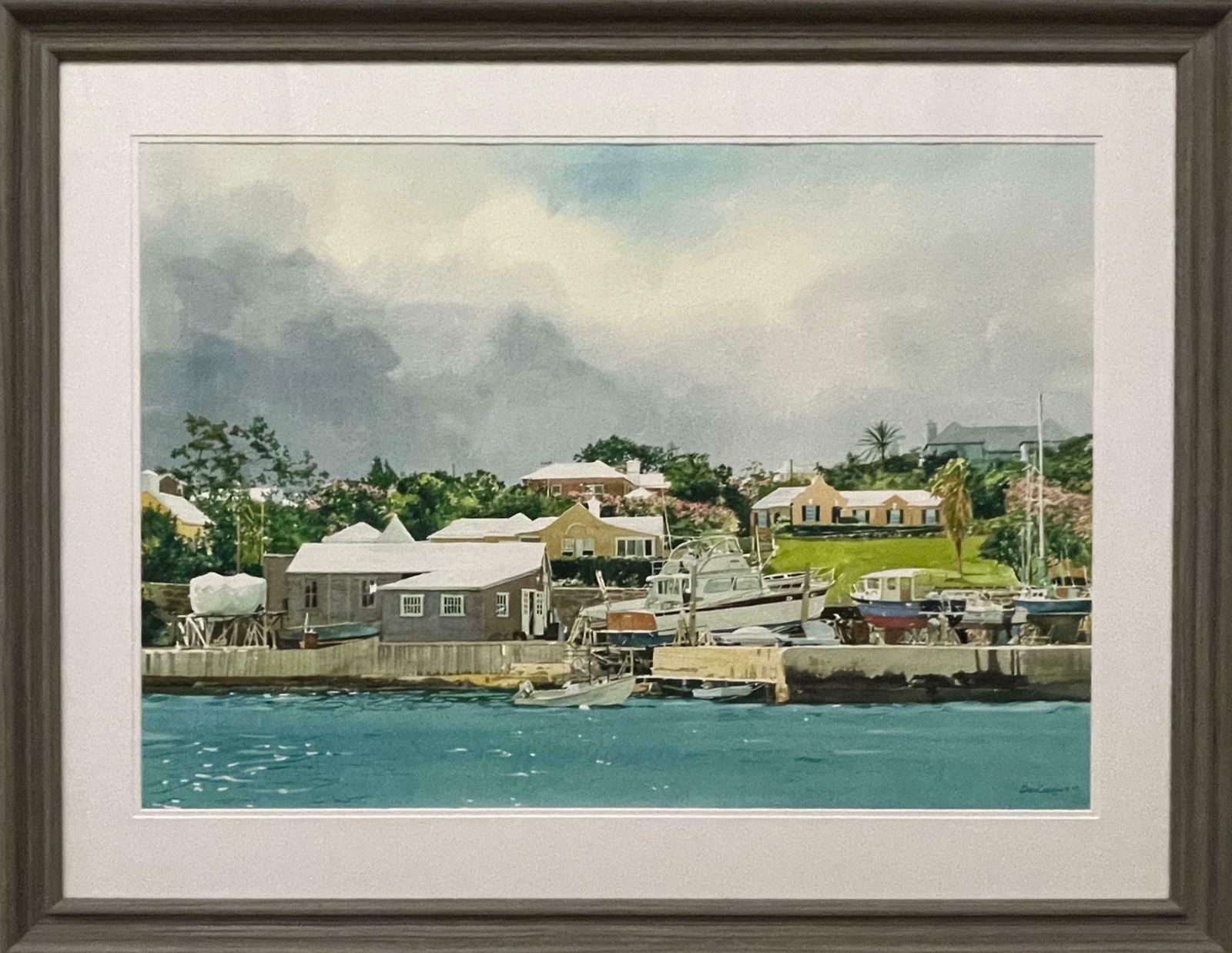 David Coolidge Large Watercolour Of Pleasure Boats Moored On The River In Florida By USA Artist  2005 Circa
