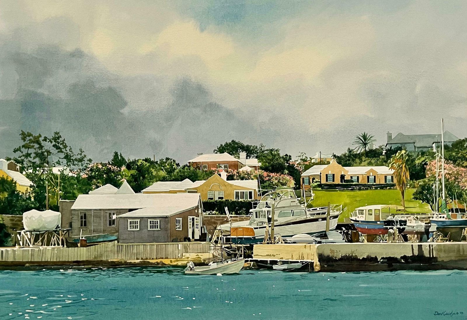David Coolidge Large Watercolour Of Pleasure Boats Moored On The River In Florida By USA Artist  2005 Circa photo for sale