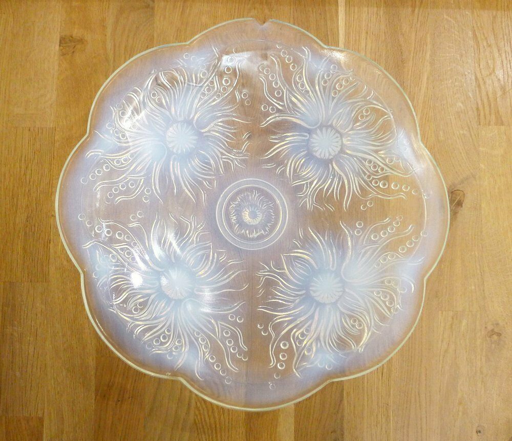 photo furniture Large Molded Opalescent Glass Fruit Dish With Flowers & Pearls Motif, France, 1930s