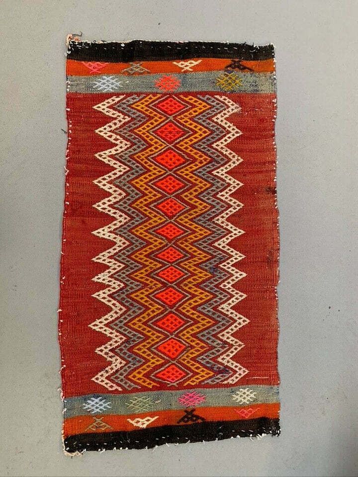 Vintage Turkish Mini Kilim 92x50 Cm Wool Small Kelim Runner, Shabby Chic