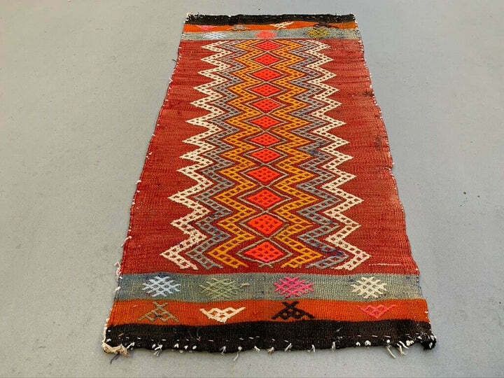 Vintage Turkish Mini Kilim 92x50 Cm Wool Small Kelim Runner, Shabby Chic photo furniture