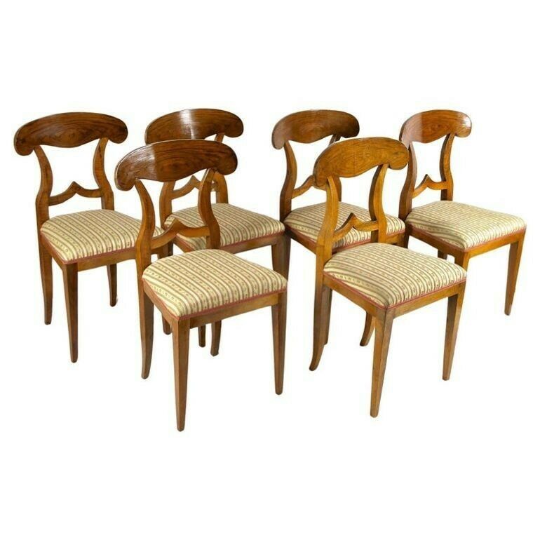 Set Of 6 Biedermeier Nutwood Shovel Dining Chairs, 19th Century, At Ca. 1830