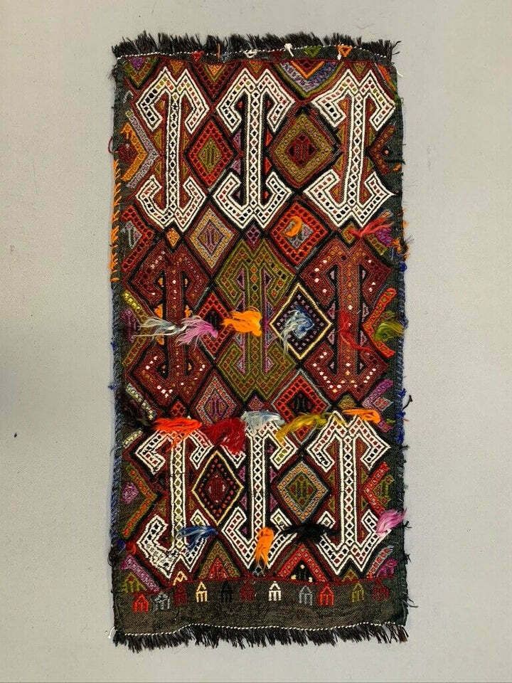Vintage Turkse Mini Kilim 99x48 cm, Wollen Kleine Kelim Loper, Shabby Chic