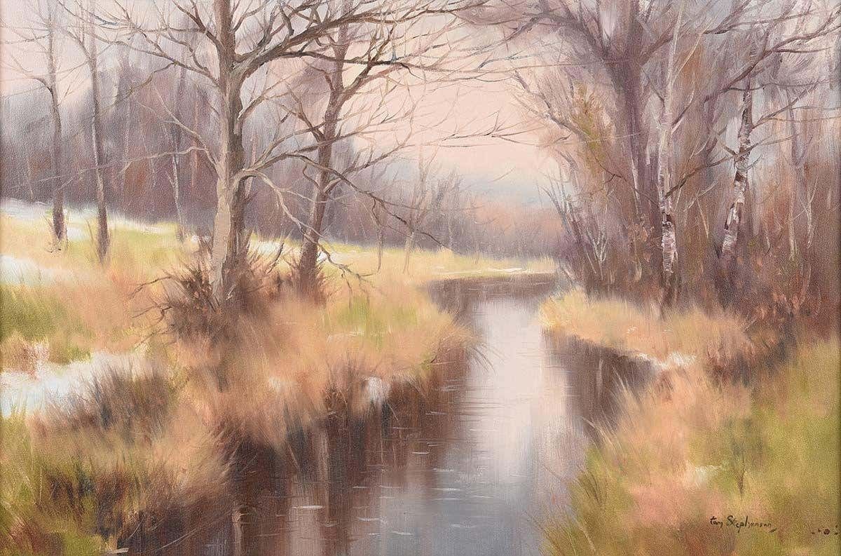 Tom Stephenson Oil Painting Of River Landscape In Ireland Countryside By Modern Irish Artist 1984 photo Art