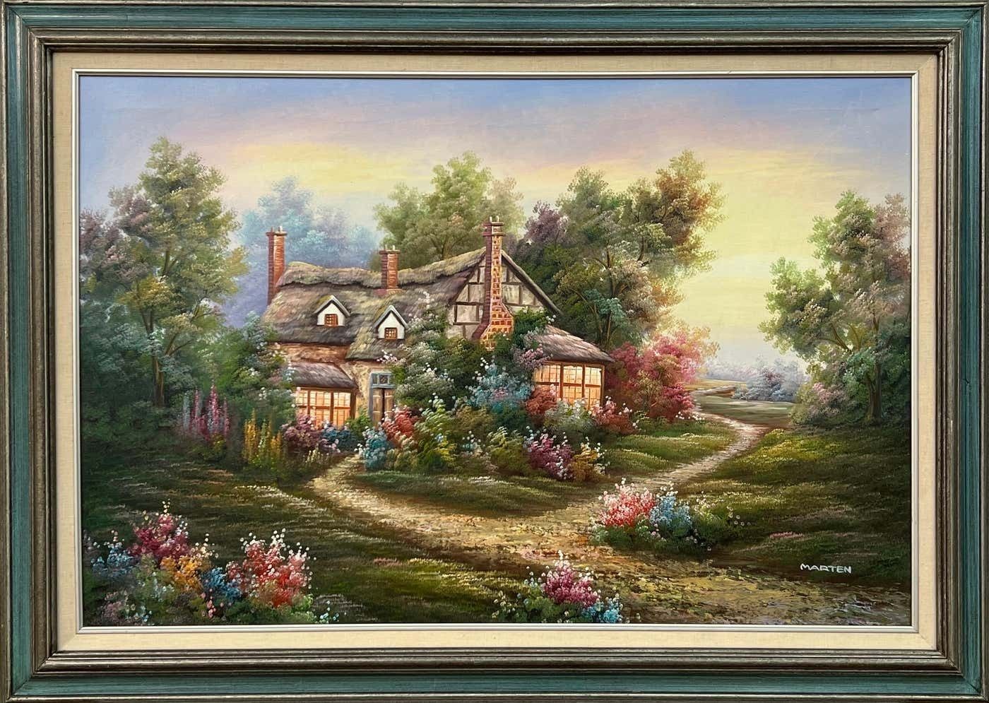 Marten Vintage Oil Painting Of Fantasy Cottage In The Woods With Flowers & Gardens 1980 Circa