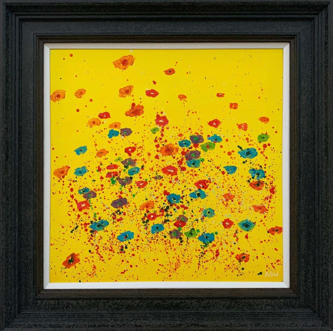 Angela Wakefield Abstract Red Pink Blue Flowers On Yellow Background By British Landscape Artist 2001