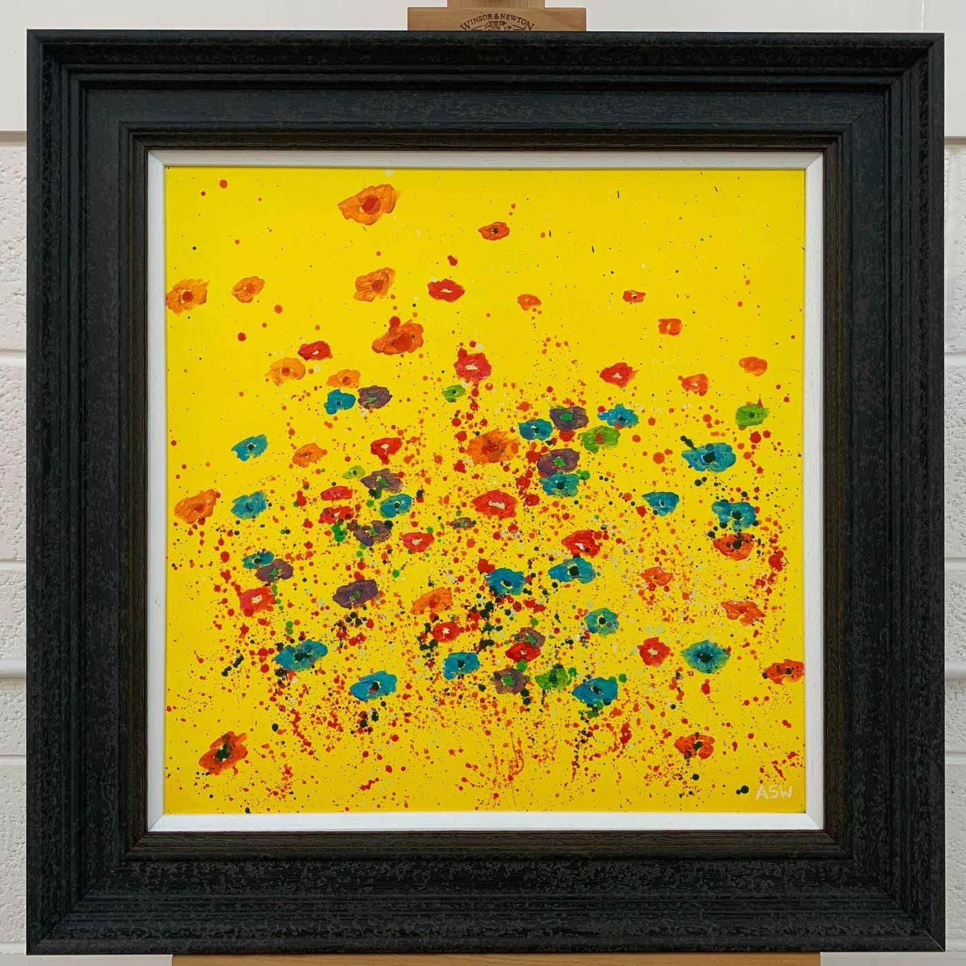 Angela Wakefield Abstract Red Pink Blue Flowers On Yellow Background By British Landscape Artist 2001 photo for sale