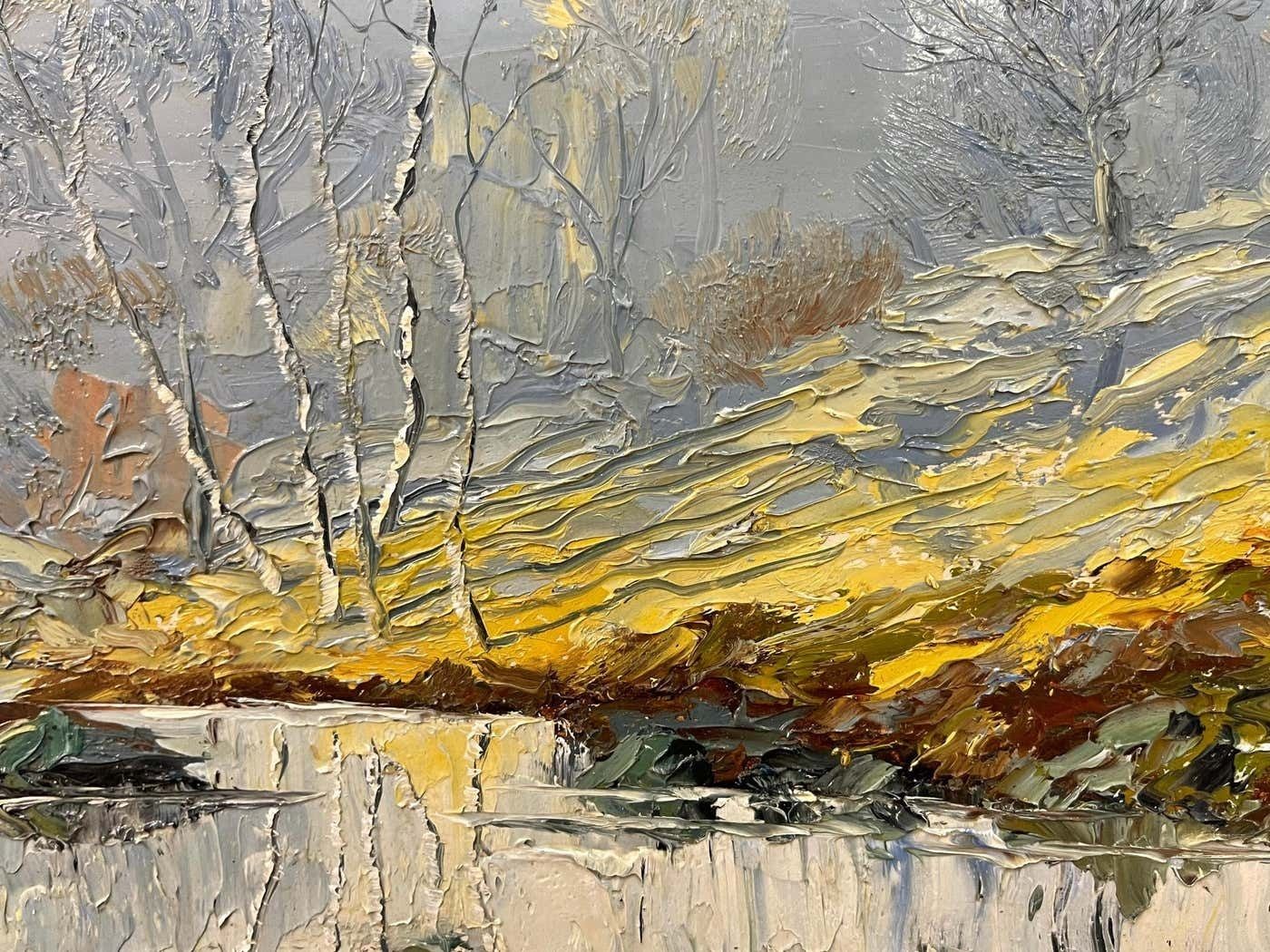 photo furniture Charles Wyatt Warren Oil Painting Of River Bank With Silver Birch Trees And Misty Hills & Mountains 1970 Circa