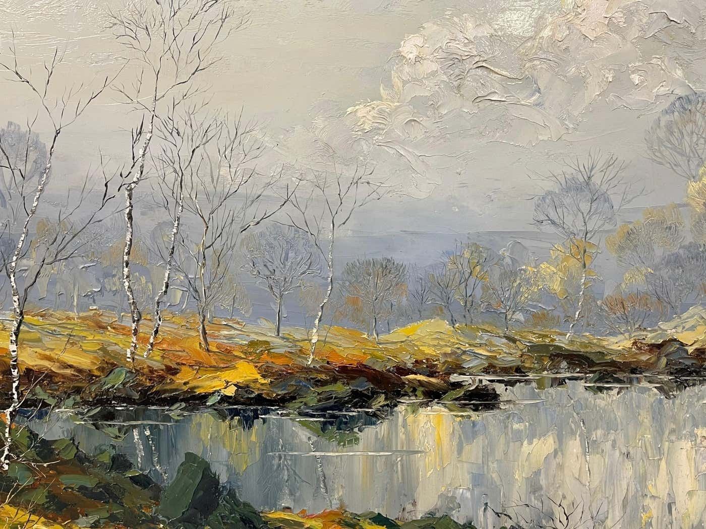 photo for sale Charles Wyatt Warren Oil Painting Of River Bank With Silver Birch Trees And Misty Hills & Mountains 1970 Circa