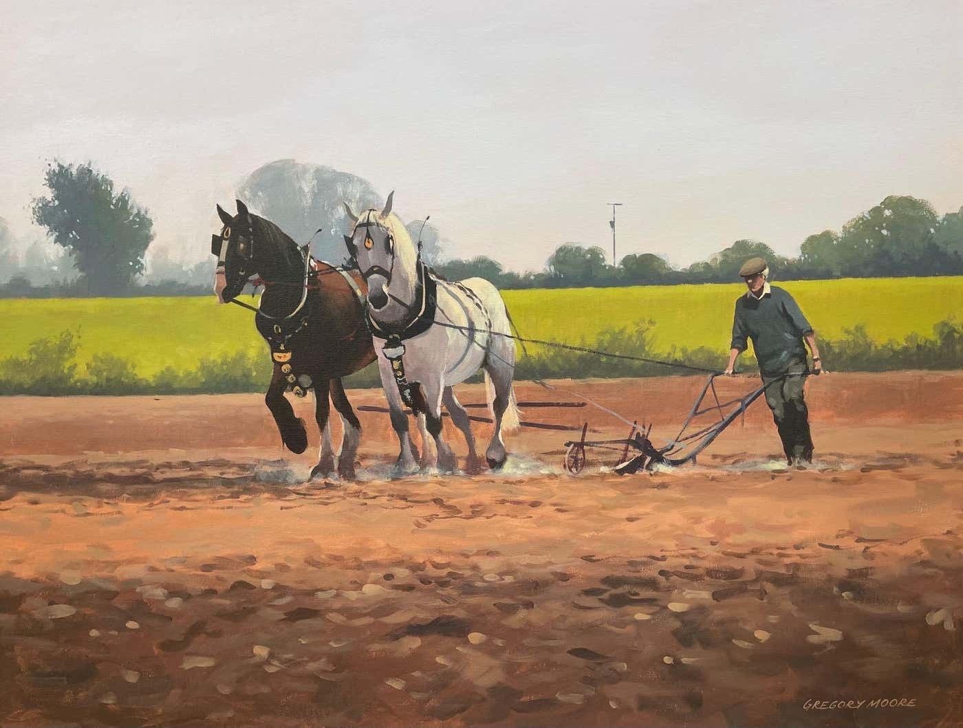 Gregory Moore Horses With Farmer & Plough In Ireland Countryside By Contemporary Irish Artist 2000 Circa photo 1950.0