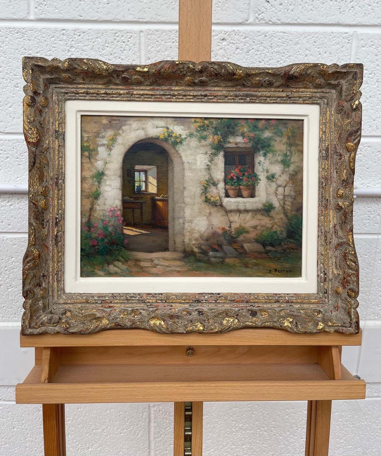 photo furniture Charles Perron Early 20th Century Oil Of French Stone Building Entitled Interieur Et Exteriuer Circa 1925