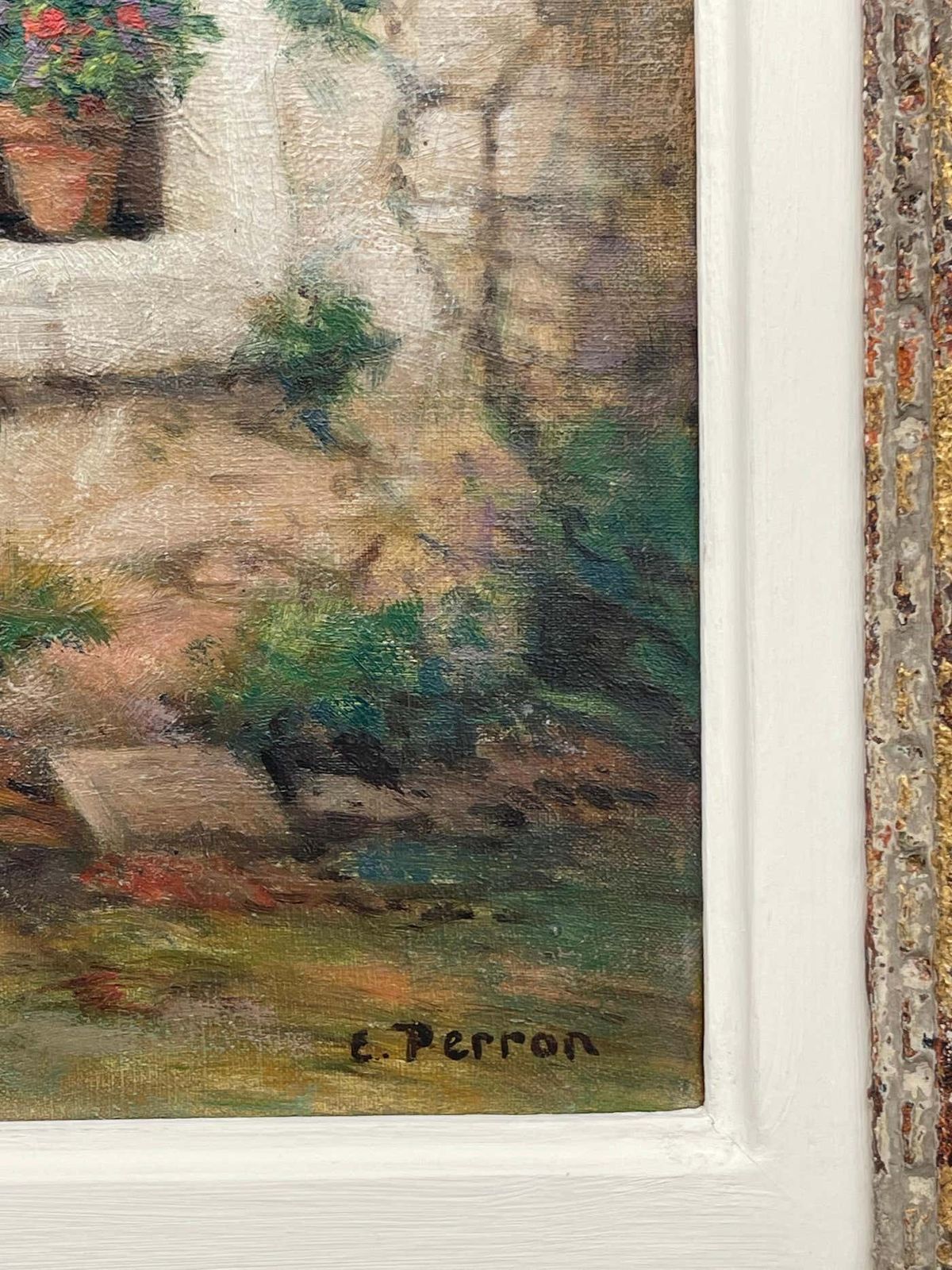 Art Charles Perron Early 20th Century Oil Of French Stone Building Entitled Interieur Et Exteriuer Circa 1925 photo