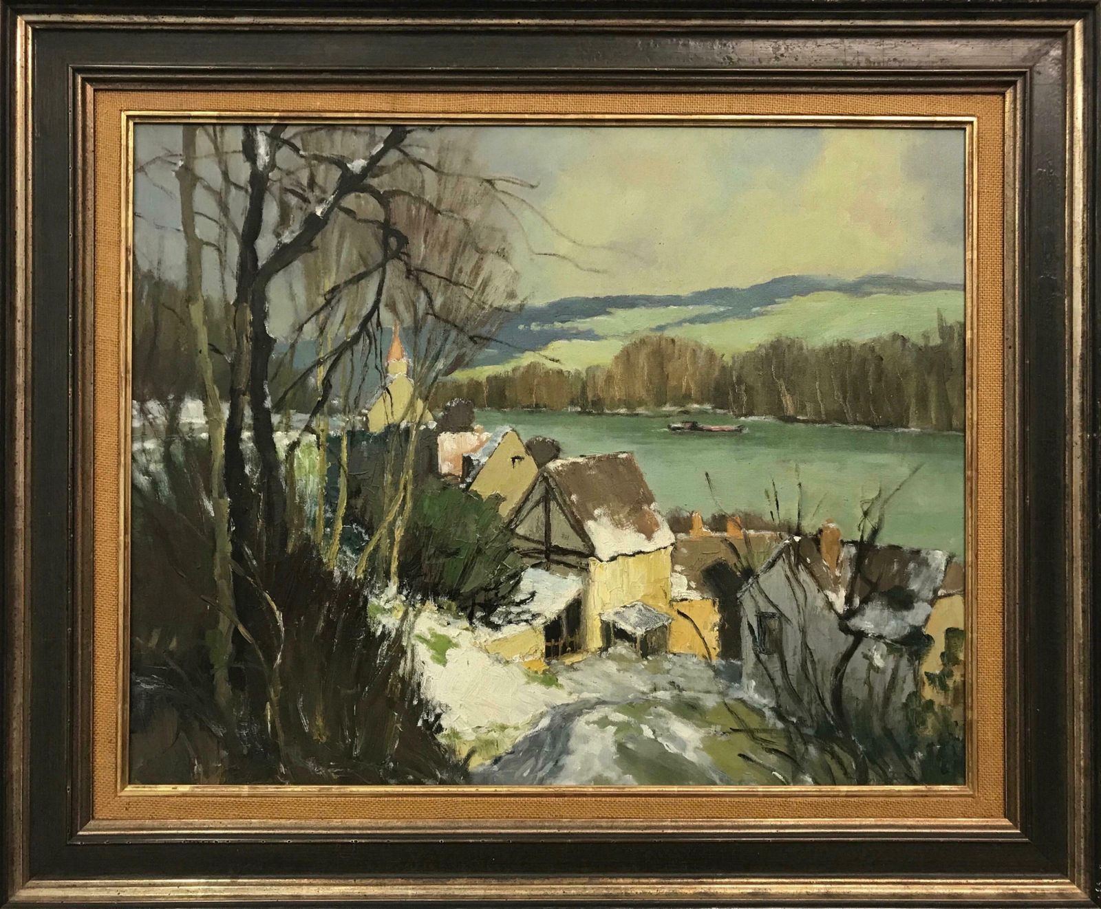 Georges Charles Robin Port Villez Neige Original French Landscape Impressionistic Riverscape Painting Circa 1950