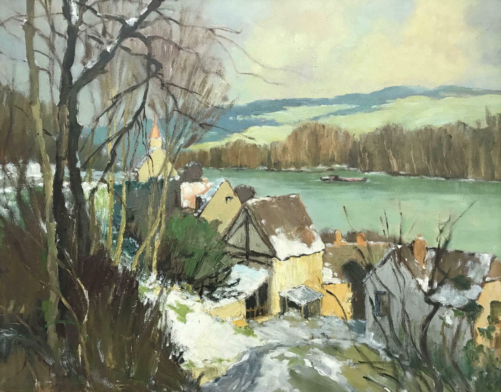 Georges Charles Robin Port Villez Neige Original French Landscape Impressionistic Riverscape Painting Circa 1950 photo furniture
