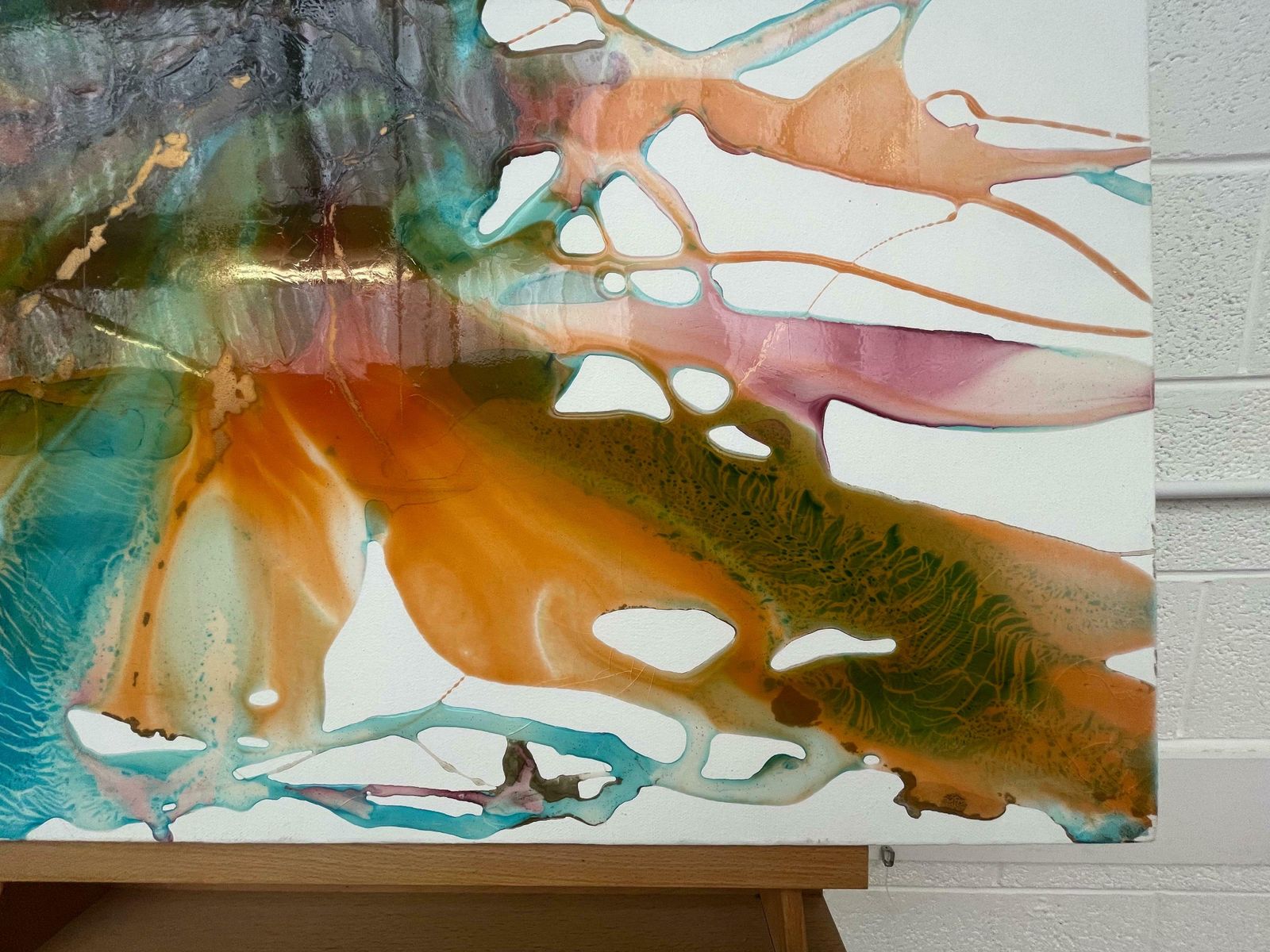 Philippe Aird Colourful Abstract Painting Using Orange & Turquoise Resin On A White Canvas 2005 Circa photo vinterior