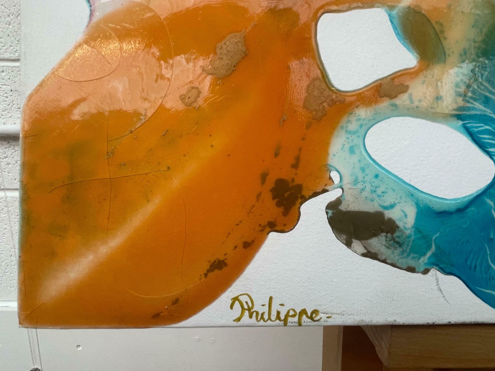 Philippe Aird Colourful Abstract Painting Using Orange & Turquoise Resin On A White Canvas 2005 Circa photo vintage