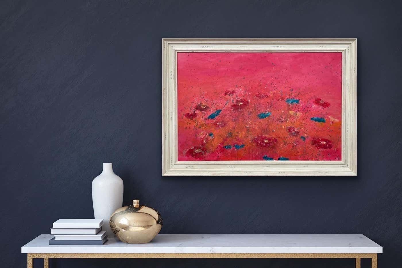 Angela Wakefield Abstract Turquoise & Red Flowers On Pink Background By British Landscape Artist 2021 photo Art