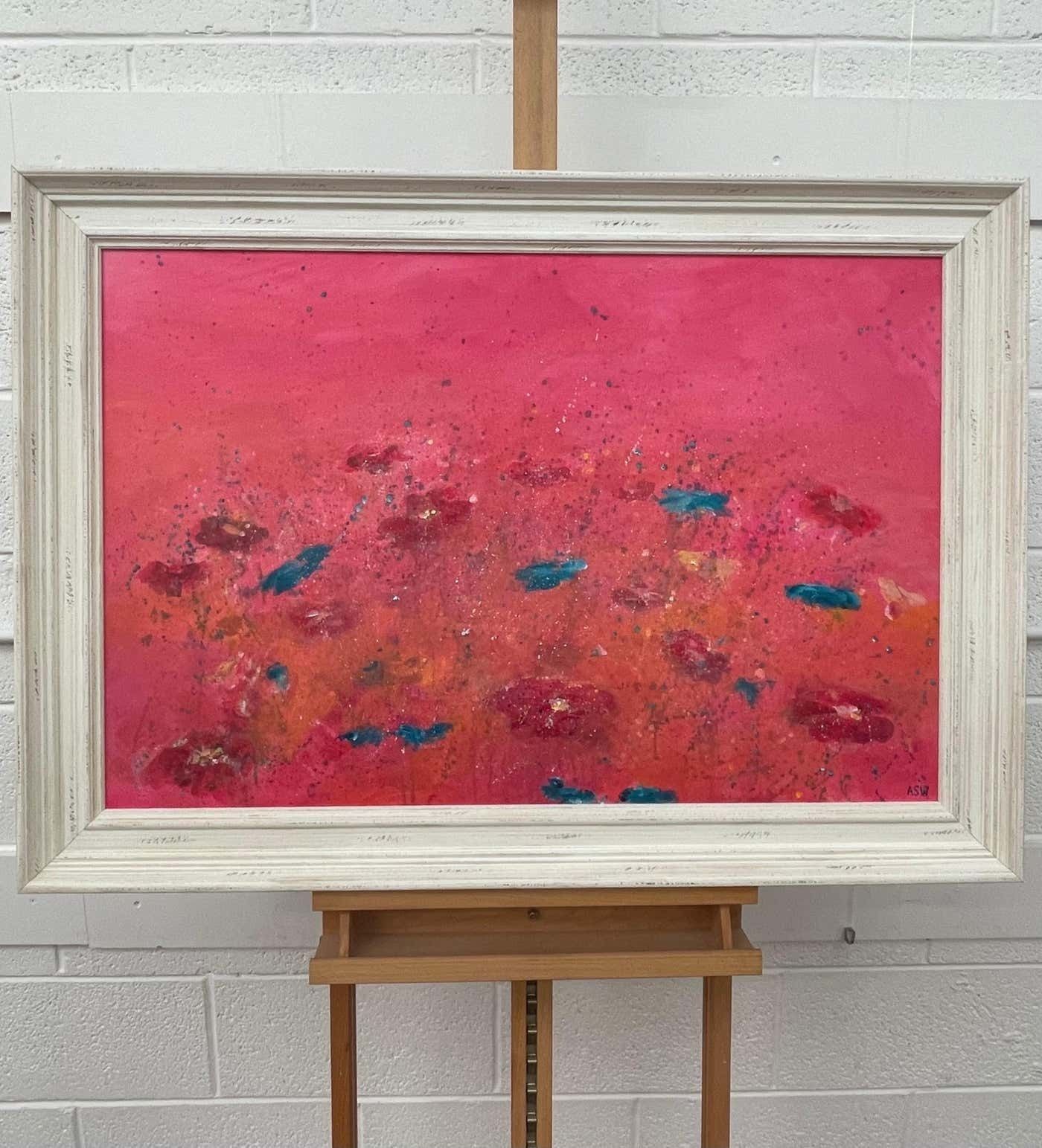 Angela Wakefield Abstract Turquoise & Red Flowers On Pink Background By British Landscape Artist 2021 photo buy