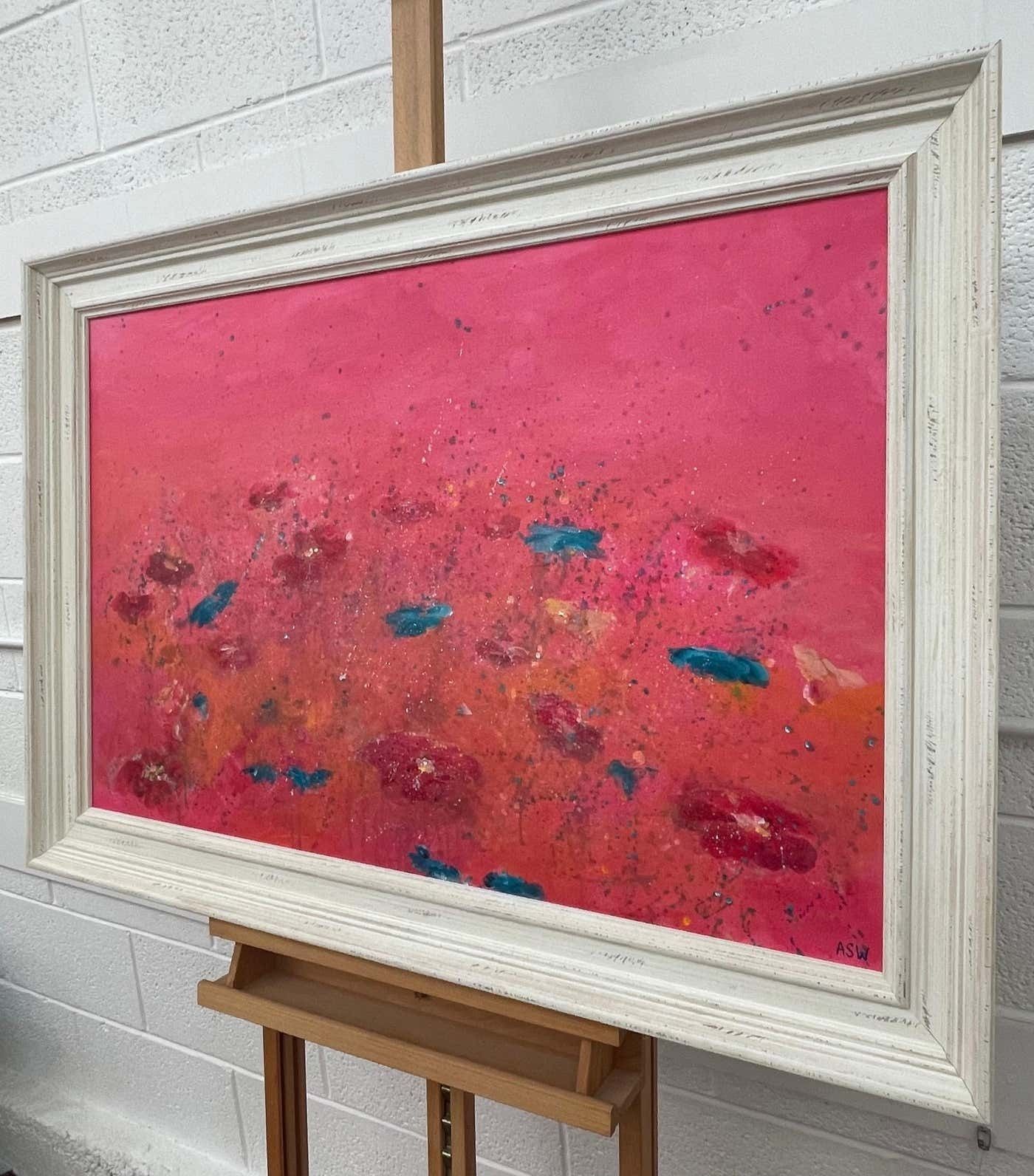 Angela Wakefield Abstract Turquoise & Red Flowers On Pink Background By British Landscape Artist 2021 photo vintage