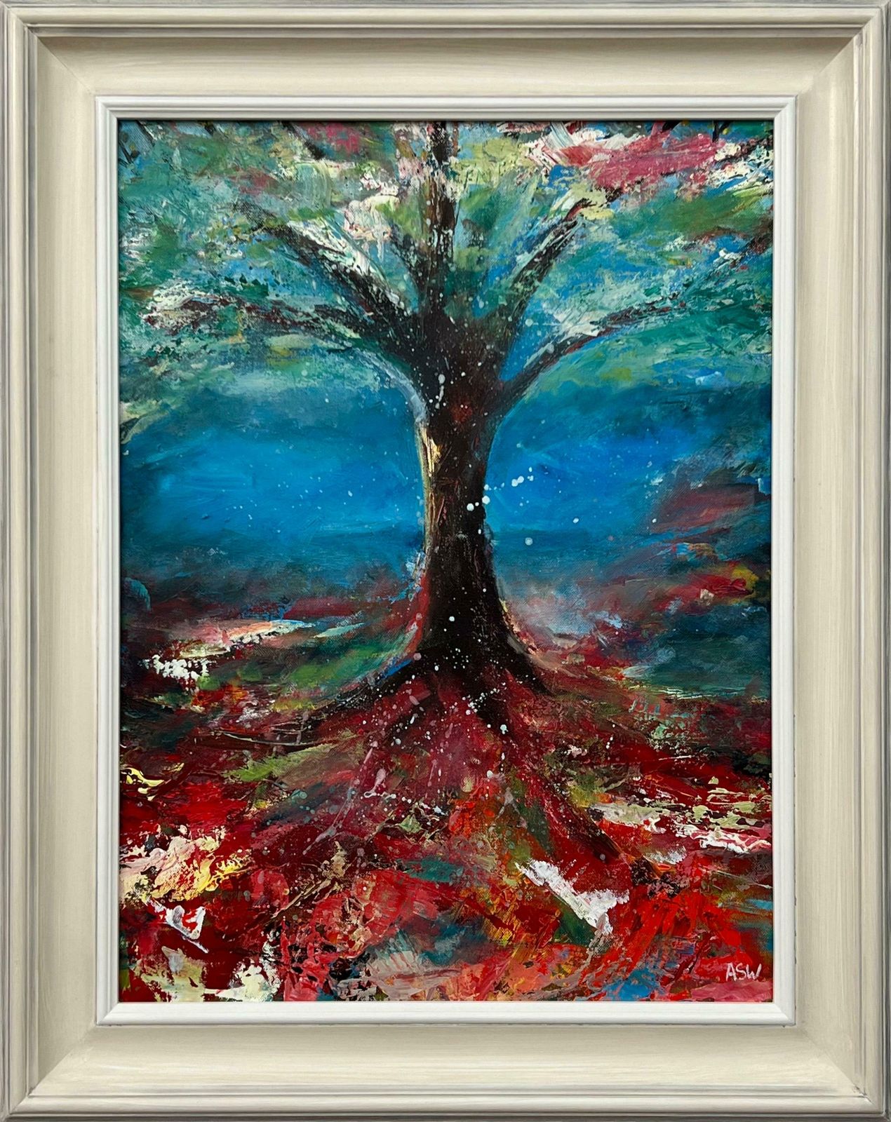 Angela Wakefield Tree With Red Pink White & Blue Abstract Background By British Landscape Artist 2023