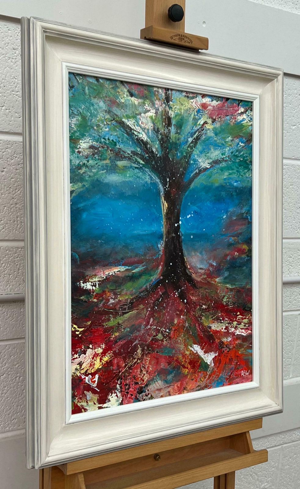 Angela Wakefield Tree With Red Pink White & Blue Abstract Background By British Landscape Artist 2023 photo furniture