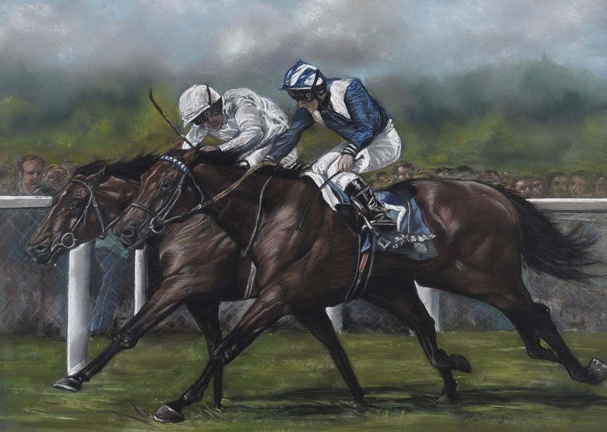 Bill Mccullough Original Pastel Drawing Of Horse Race At Royal Ascot 2002 With Golan & Nayef 2002 Circa photo Art