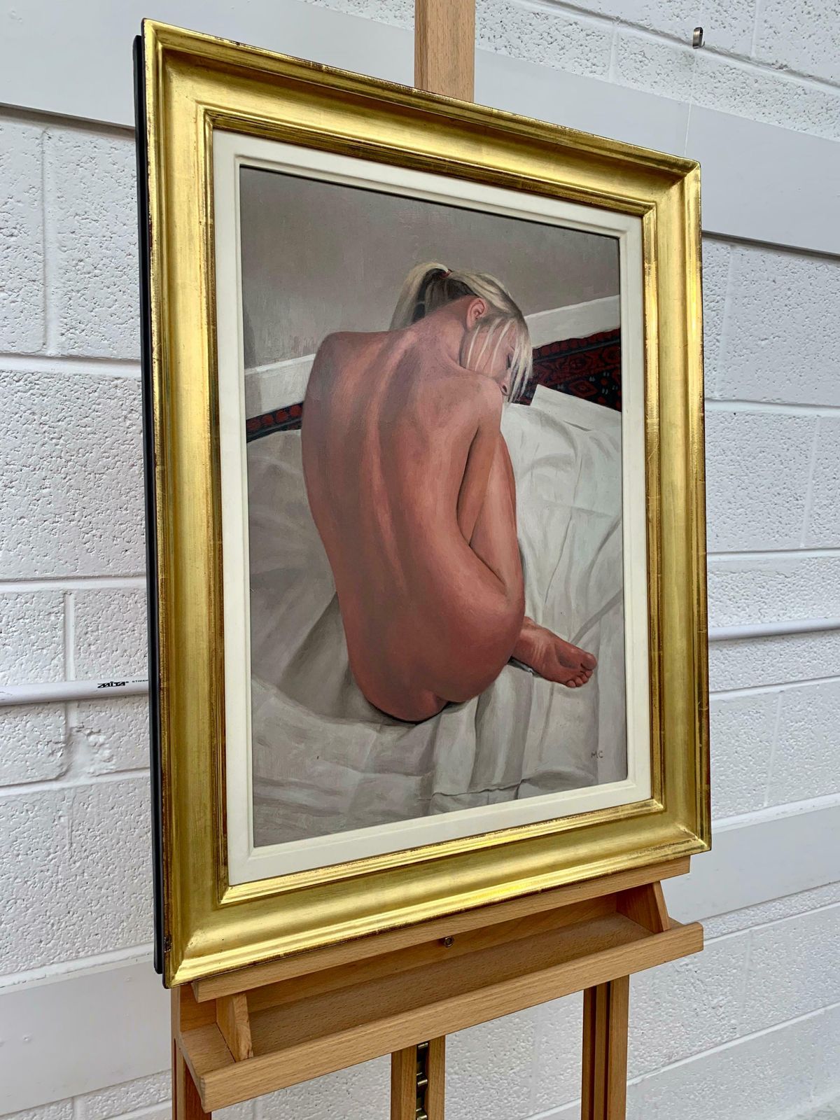 Mark Clark Oil Painting Of Female Blonde Nude Figure On Bed By Contemporary British Artist 2000 Circa photo furniture